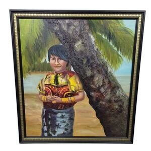 Framed Canvas Wall Art | Indigenous Woman by Palm Tree on Beach – Tropical Decor